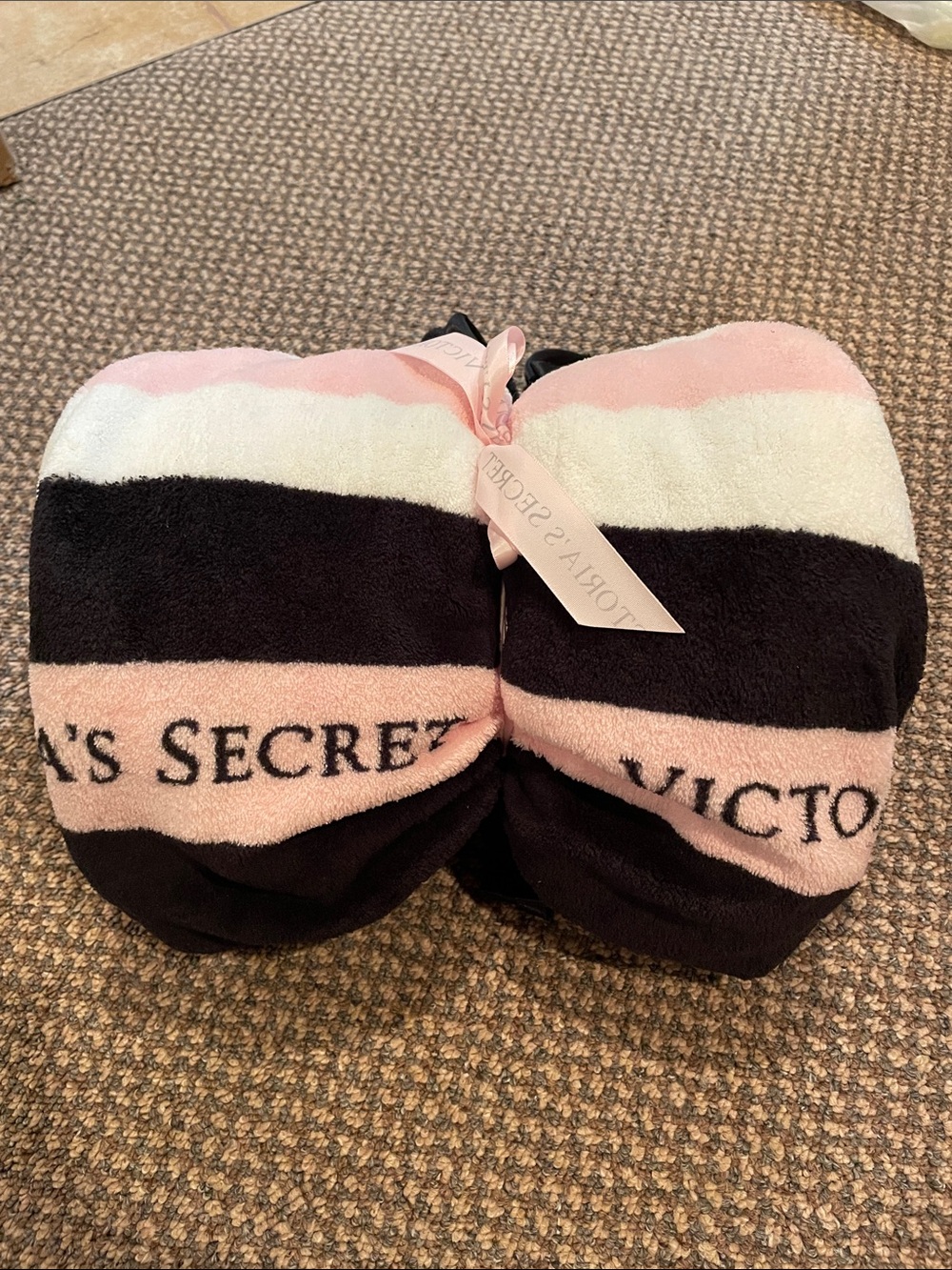 Victoria's Secret Striped Plush Throw - Pink, Black & White